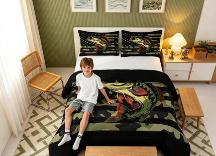 Castle Fairy Bass Fish Camouflage Full Size Comforter Set Farmhouse Fishing Bedding Set for Kids Adults Teens Retro Green Camo Comforter Luxury Bass Fish Pattern Quilt Set Room Decor 3Pcs