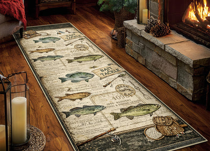 Fishing Hallway Runner Rug 2x6 Rustic Cabin Long Runners for Bedroom Kitchen Hall Laundry, Washable Low Pile Non-Slip Rubber Backing, Vintage Style Carpet Black