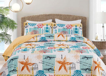 DJY Coastal Quilt King Size, 3 Pcs Yellow Beach Theme Bedspread Coverlet