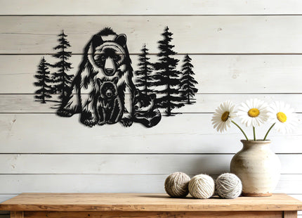 Slickss Bear Metal Wall Art, Mother Cubs Forest Cabin Decor