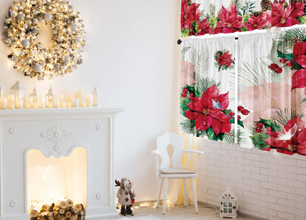 Cuteiush Christmas Poinsettia Valances for Kitchen Windows, Set of 3, Red and Green with Pinecone Butterfly, Rod Pocket, 52x18in and 36x26in x2, Multi-Room Decor, Digital Print