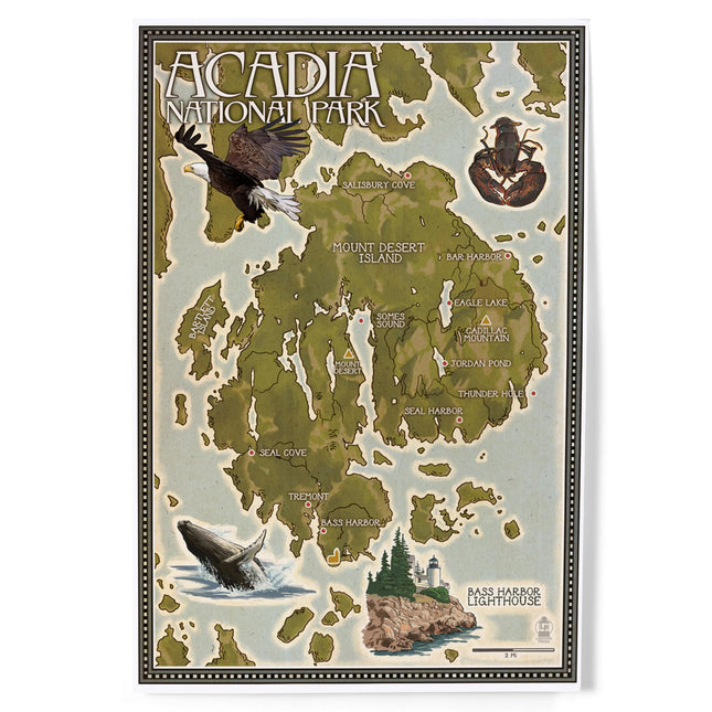 Lantern Press Acadia National Park, Maine, Map, 8x12 Inch Art Print Wall Decor