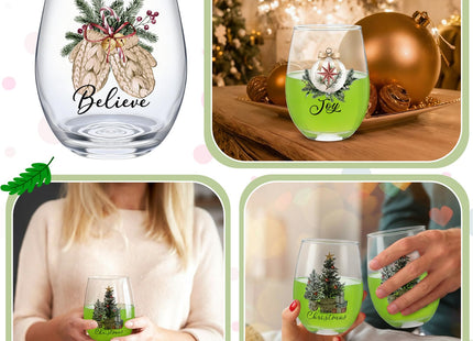 Potchen 4 Pcs Christmas Stemless Wine Glasses 18oz Cups, Holly Tree