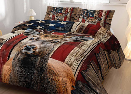 Nttopship Deer Hunting Comforter Sets Twin Size,American Flag Bedding Set 3 Piece for Girls Women Teens Adult Kids Boys,Woodland Moose Wildlife Room Decor Comforter Set with 2 Pillowcases