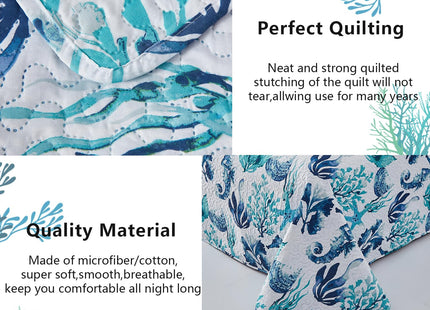Hailea Beach Quilt Sets Full/Queen Size Ocean Theme Bedspread Coastal Bedding Set Blue Seahorse Starfish Shell Quilts Lightweight Reversible Bed Coverlet Soft Summer Bed Cover with 2 Pillowshams