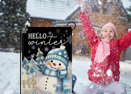 Dyrenson Hello Winter Snowman Decorative Garden Flag, Pine Tree Snowflake