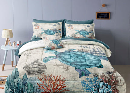 Bedding_Dreamer Turtle Comforter Set Ocean Turtle Bed in a Bag 8 Pieces Coastal Beach Themed Bedding with 1 Comforter, 1 Flat Sheet, 1 Fitted Sheet, 4 Pillowcases, 1 Cushion Cover (King, Turtle)
