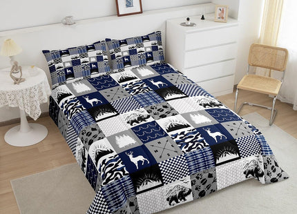 Elk Deer Bear Comforter Set Full Blue Camouflage Quilt for Boys Girls,Woodland Wild Animals Bedding Set Reindeer Camo Patchwork Duvet Insert,Retro Lodge Cabin Country Farmhouse Decor