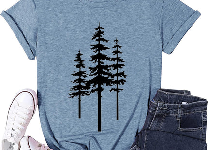 Pine Tree T Shirts for Women Nature Outdoor Shirts Cotton Tees Blue,M