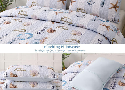 Coastal Quilt Set King Size 3 Pieces,Beach King Quilt Bedding Set Lightweight Sky Blue Bedspreads,Reversible Microfiber Nautical Quilts with 2 Shams Summer Ocean Coverlet Sets for King Bed All Season