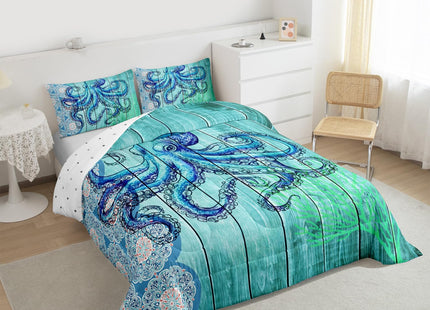 Erosebridal Octopus Print Comforter Twin Ocean Themed Bedding Set Boho Mandala Duvet Set Blue Coral Quilt Set 2pcs Sea Wildlife Down Alternative Comforter with 1 Pillowcase Blue Bedroom Comforter Set