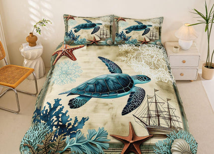3D Sea Turtle Bedding Set Blue Queen for Boys Kids Girl Ocean Beach Themed 3 Pcs Duvet Cover Children Teens Retro Tortoise Comforter Cover Hawaiin Turtle Printed Bedspread/Quilt Cover for All Seasons