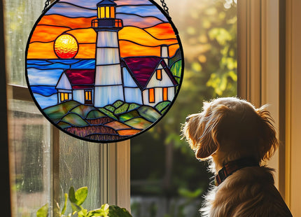 JOSUMALY Stained Glass Window Hanging - Sea Lighthouse Suncatcher for Door Terrace Garden Home Decor Sunset Beach Scenery Sun Catcher Birthday Gifts for Lovers Women Men Dad Mom Nana 6.3 in