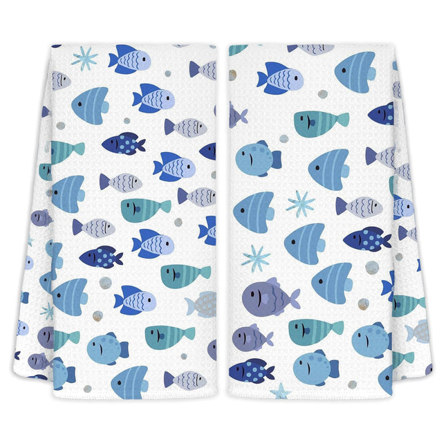 CIOJUNE Cute Coastal Beach Fish Decorative Dish Hand Towels for Bathroom Kitchen Set of 2 - Coastal Beach Fish Bathroom Kitchen Decor, 16x24 in
