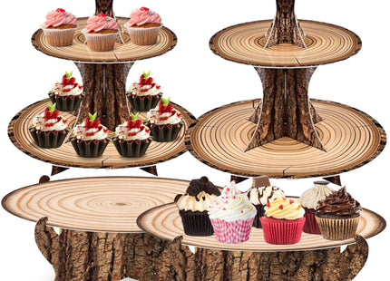MTRSOCHO 4-Pack Woodland Cupcake Stand Woodland Baby Shower Decorations 3 Tier Wood Cupcake Stand for Camping, Birthday, Safari Party Supplies