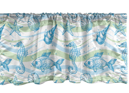 Ambesonne Nautical Window Valance, Marine Ocean Shell Starfish Oyster Mollusk Sea Horse Underwater Aquatic Pattern, Curtain Valance for Kitchen Bedroom Decor with Rod Pocket, 54" X 18", Mint Blue