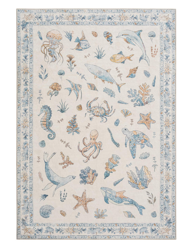 Weaverlane Beachy Coastal 5x7 Washable Nursery Rug (Blue Multi, 5' x 7')