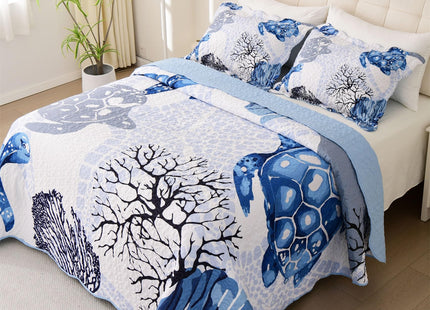 3 Piece Coastal Quilt Set King Size,Soft Lightweight Ocean Quilt,Beach Turtle Starfish Coral Printed Bedspread Bed Set with 2 Shams,Summer Quilt Bedding Set for All Season (106”x96”,Navy Blue)