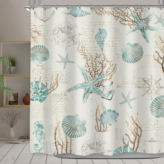 Starfish Seashells Shower Curtain Set Coral Nautical Coastal Bathroom Decor