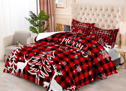 LUVIVIHOME 3PCS Christmas Comforter Set Full Size, Plaid Bedding, Red and Black Buffalo Check Snowflake Forest Deer Merry Christmas Bedroom Decor, Soft Microfiber Quilt, Xmas Gifts, 2 Pillow Cases