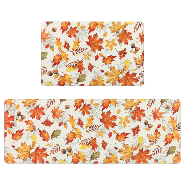 SHACOS Fall Anti Fatigue Kitchen Mats Orange Maple & Acorn 17x27.5+17x47