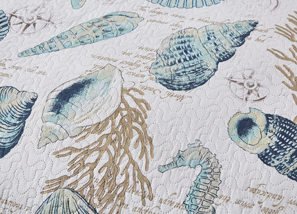 Jarson 3 Pcs Coastal Quilt Set King Size Lightweight Summer Bedspreads Beach Conch Seashell Coverlet Set Ocean Theme Microfiber Reversible Bedding Set (1 Quilt +2 Pillow Shams, Yellow Green)