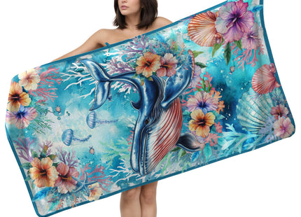 GAIIIIYOU Flower Whale Decorative Bathroom Towel - Blue Fish Microfiber Beach Towel Ocean Bath Sheet for Women Home Decor