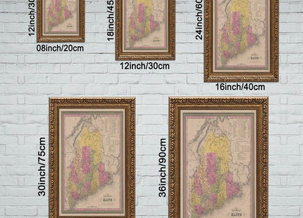 YFET A New Map of Maine, 1846 Rustic Map Decor Poster Wall Art