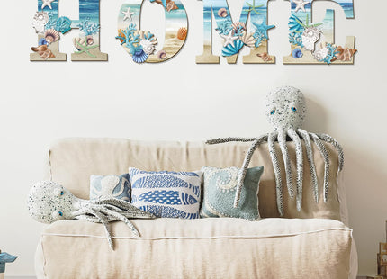 4 Pcs Wood Home Signs - Coastal Beach Style Signs With Blue Starfish and Shell Wall Decor for Home, Living Room, Kitchen, Bedroom