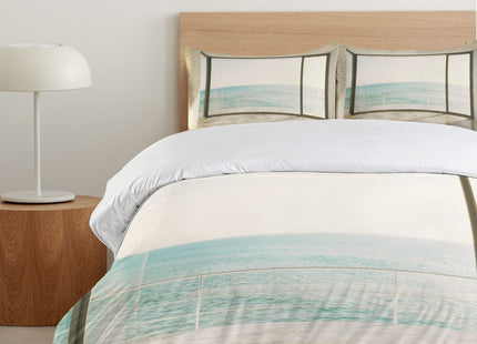 Ambesonne Beach Duvet Cover Set, Apartment Scenery Wavy Sea Ocean Coastal Home Design Arwork, Decorative 3 Piece Bedding Set with 2 Pillow Shams, Queen Size, White Pale Blue