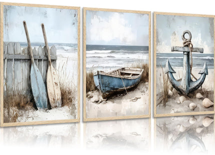 3Pcs Nautical Beach Wall Art Sailboat Paddle And Anchor Paintings Pictures Wall Decor Nautical Posters Prints Artwork Suitable for Living Room Bedroom Home Office Corridor Home Decroation