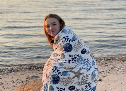 Coastal Ocean Beach Throw Blanket, Blue Gray Taupe White, 50x70 Oversized