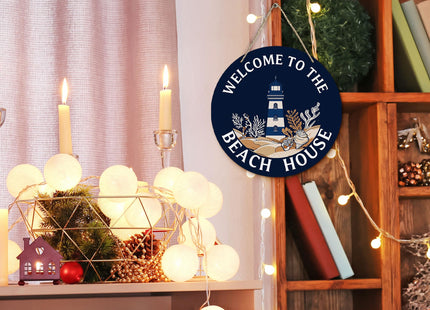 PHAMTE Coastal Beach House Round Wreath Sign, Navy Blue Nautical Lighthouse Wall Hanging Plaque Wood Sign, Welcome to the Beach House Decor Decorations for Wall Pediments Door Porch Room 12 Inch