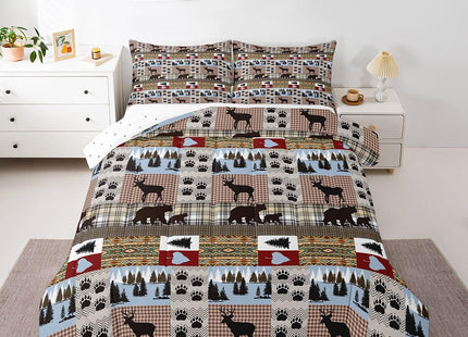 Rustic Patchwork Bedding Set Checkered Buffalo Plaid Quilt Twin for Kids Teens Adult,Woodland Wildlife Bear Moose Elk Comforter Set Animal Paw Print Lattice Grid Duvet Insert,Farmhouse Decor