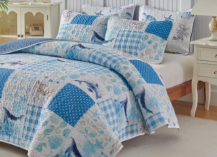 Patchwork Coastal Quilt Sets Queen Size - Reversible Microfiber Dolphin Turtle Ocean Style with Blue Whale Seahorse Soft Beach Bedding Nautical Bedspread Coverlet Summer Comforter with 2 Shams