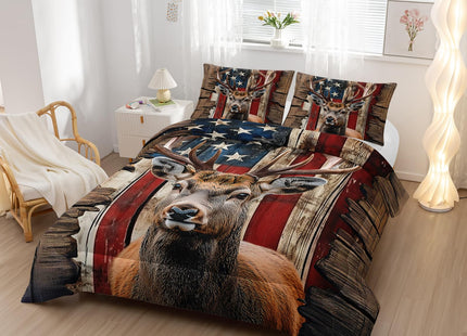 Nttopship Deer Hunting Comforter Sets Twin Size,American Flag Bedding Set 3 Piece for Girls Women Teens Adult Kids Boys,Woodland Moose Wildlife Room Decor Comforter Set with 2 Pillowcases
