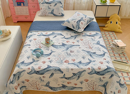 Coastal Quilt Sets Queen Size - Reversible Microfiber Blue Whale Ocean Style Quilts with 2 Shams Soft Lightweight Beach Bedding Nautical Bedspread Coverlet Summer Comforter for All Season