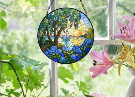 LIANGEAGOM Rustic Beach Sunset Stained Glass Window Hanging, Window Hanging Decor, Sailboat Hydrangea Sailboat Stained Glass Suncatcher Decor Birthday for Mom Men Woman Friend, 7.9x7.9inch