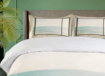 Ambesonne Beach Duvet Cover Set, Apartment Scenery Wavy Sea Ocean Coastal Home Design Arwork, Decorative 3 Piece Bedding Set with 2 Pillow Shams, Queen Size, White Pale Blue