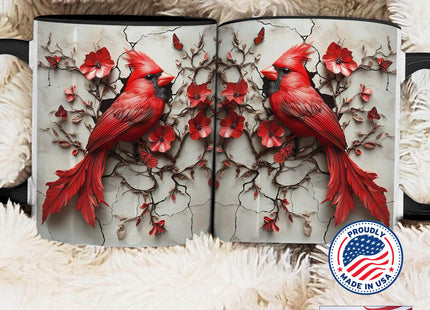 ANOVRA Cardinal Bird Ceramic Mug, Artistic Red Cardinal with Flowers and Cracked Background, Gift for Bird Lovers (Black, 11oz)