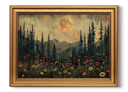 HUARCEY Gold Framed Canvas Wall Art, Moonlit Pine Tree Decor, 12x16 Inch
