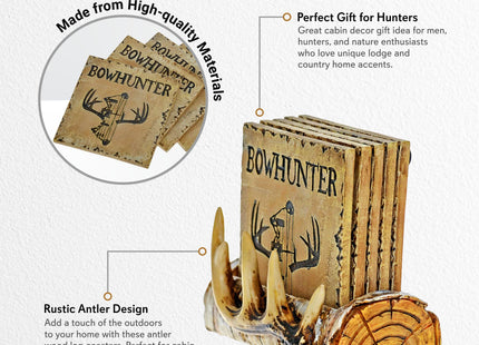 Pine Ridge Home Antler Wood Log Coaster Set with Holder - Bow Hunter Country Absorbent Coaster - Cabin Lodge Home Decor for Hunter Men - Man Cave Coasters Rustic Wood Decor Accent