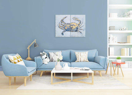 Yihui Arts Blue and Gold Foil Crab Diptych Wall Art - Nautical & Retro Art Decor for Home