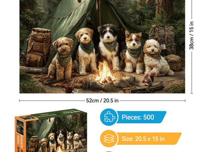 Jigsaw Puzzles 500 Pieces for Adults, Dogs Camping in Forest & Campfire