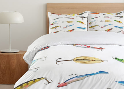 Ambesonne Fishing Duvet Cover Set, Several Fish Hook Equipment Objects Trolling Angling Netting Gathering Activity, Decorative 2 Piece Bedding Set with 1 Pillow Sham, Twin Size, White Gray