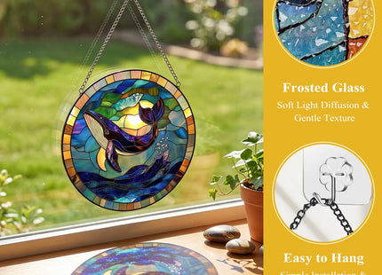 8 Inch Stained Glass Window Hanging Whale Sun Catcher with Display Stand – Mantel or Tabletop Decor for Living Room, Kids Room, Coastal Home, Ocean Marine Life Gift for Beach Lovers Nature Enthusiasts