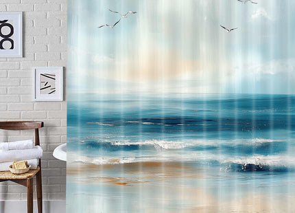 BSRAMZ Abstract Beach Shower Curtains for Bathroom, Coastal Teal Oil Painting Ocean Shower Curtain, Sea Wave Seagull Nautical Coastal Summer Bathroom Bathtubs Decor Curtains with Hooks,72X72