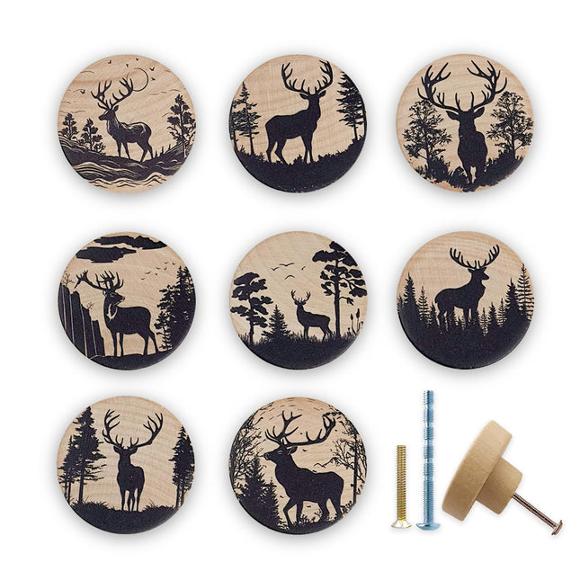 Lasyman 8Pack1.8 Rustic Wooden Deer Drawer Knob Wood Vintage Woodland Moose Animal Theme Kitchen Cabinet Furniture Dresser Drawer Knobs Pulls