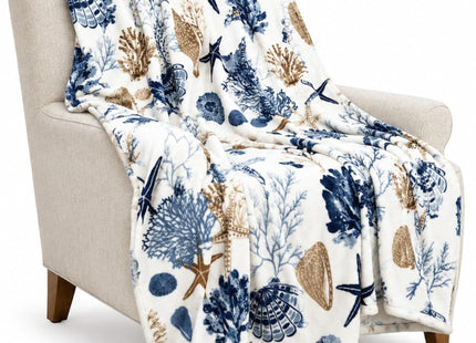 Ocean Coastal Shells Throw Blanket, Nautical Blues Beige on White, 50x70