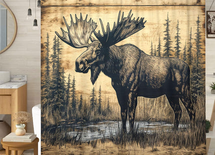 Wathon Wood Plank Style Moose in Pine Forest Shower Curtain 70X70IN